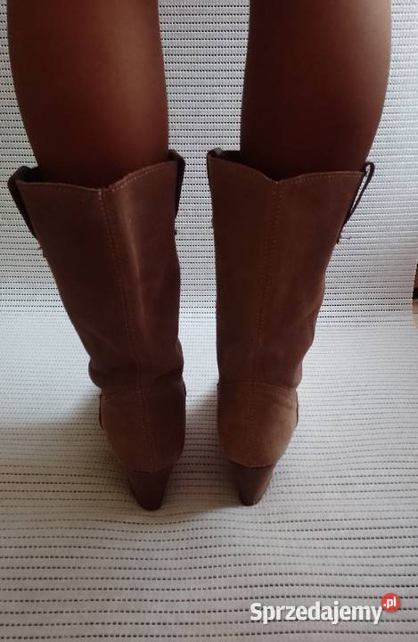 38 Real Leather Brązowe skórzane kozaki kowbojki brązowy/beżowy