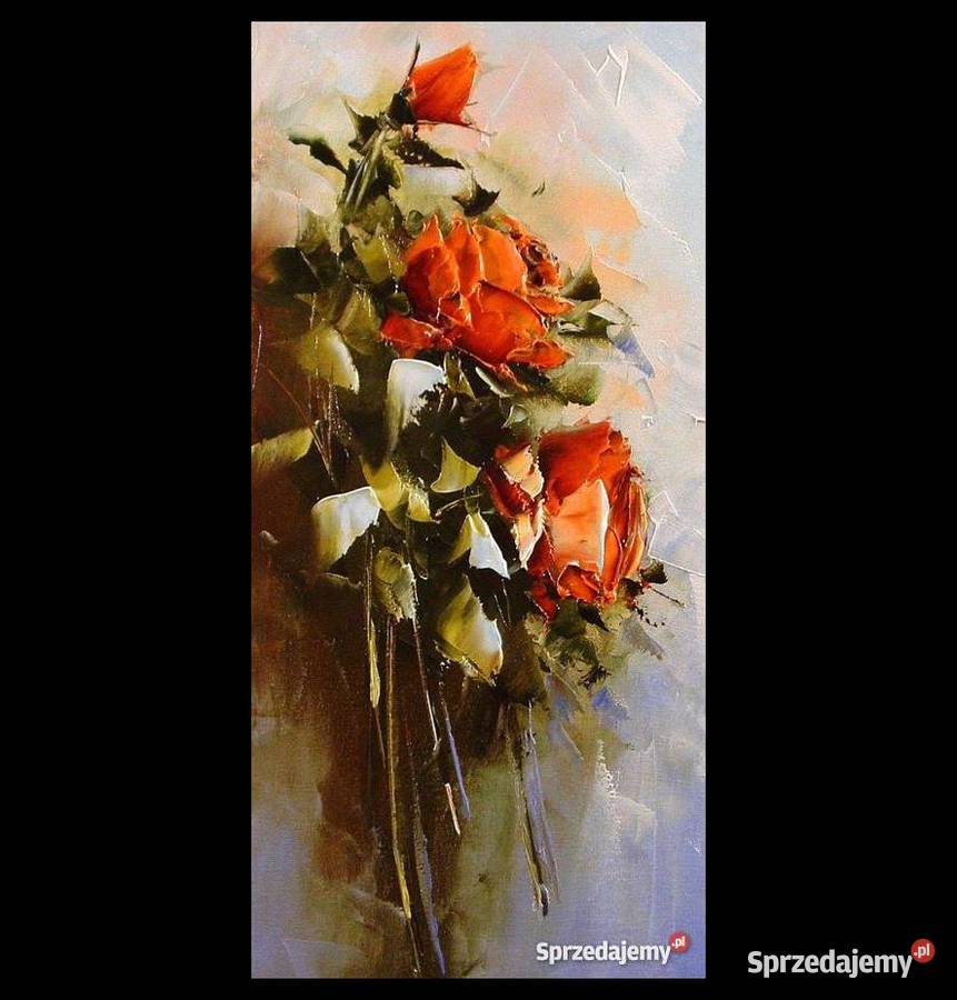 Czerwone róże Obraz olejny kwiaty szpachla 20x40 Malarstwo Poznań