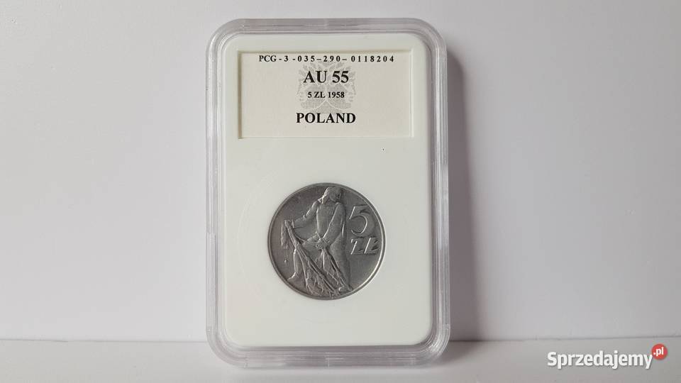 5 złotych Rybak 1958 wąska 8 AU55 holder PCG PRL śląskie