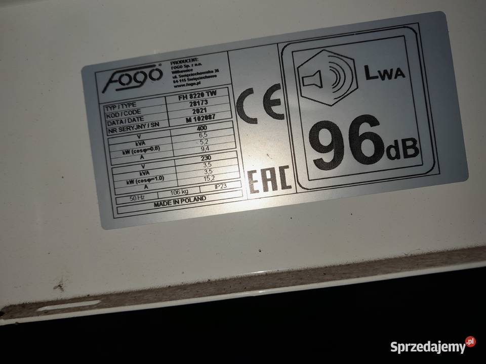 Sprzedam agregat Fogo FH 8220 TW Agregaty prądotwórcze Pecna