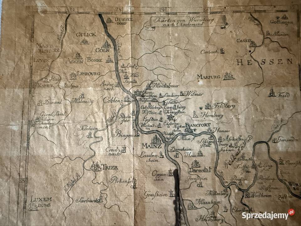 Mapa historyczna Hessen XIX wiek Mainz Niemcy Antyki sprzedam