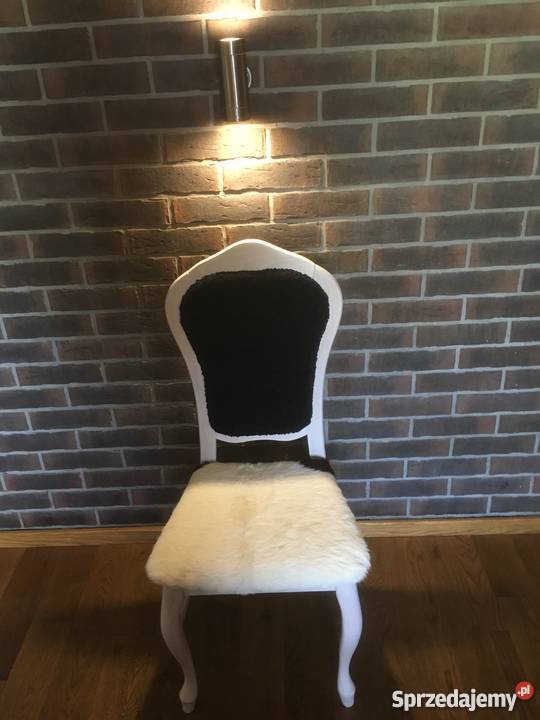 Krzesło bukowe bielone woskiem cielaczek futerko