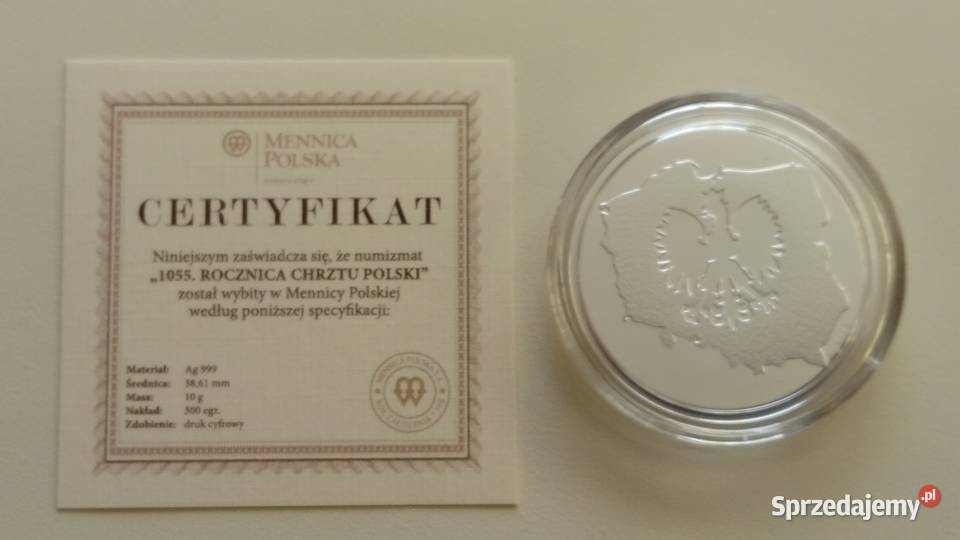 Srebrny numizmat 1055 rocznica chrztu Polski Numizmatyka Kolekcje Mosina