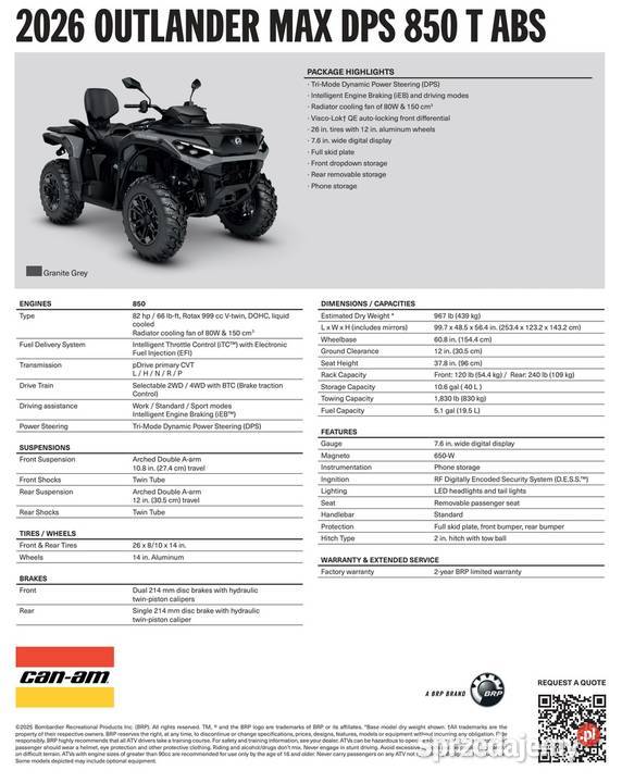 Quad CanAm Outlander DPS 850 T ABS 4PTC Granite 82KM Motoryzacja małopolskie Nowy Sącz