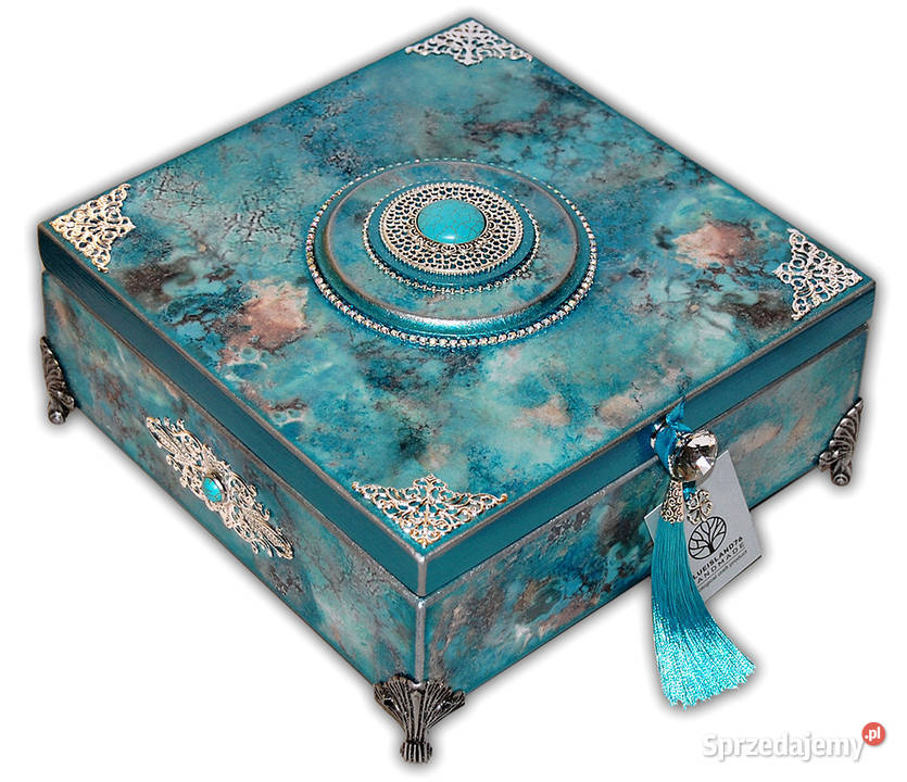 DUŻA SZKATUŁKA drewniana HOWLIT błękitny turkus Bydgoszcz