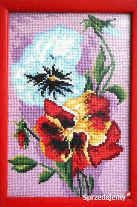 Bratki kwiaty obraz haftowany haft rękodzieło Lublin