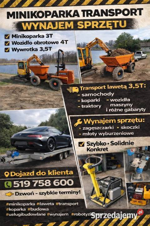 Usługi minikoparka transportowe wynajem sprzętu