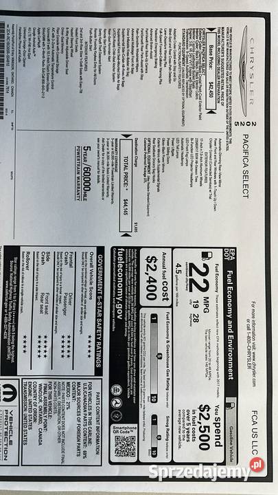 Chrysler Pacifica Select 36 Benzyna V6 Pentastar dolnośląskie Wrocław