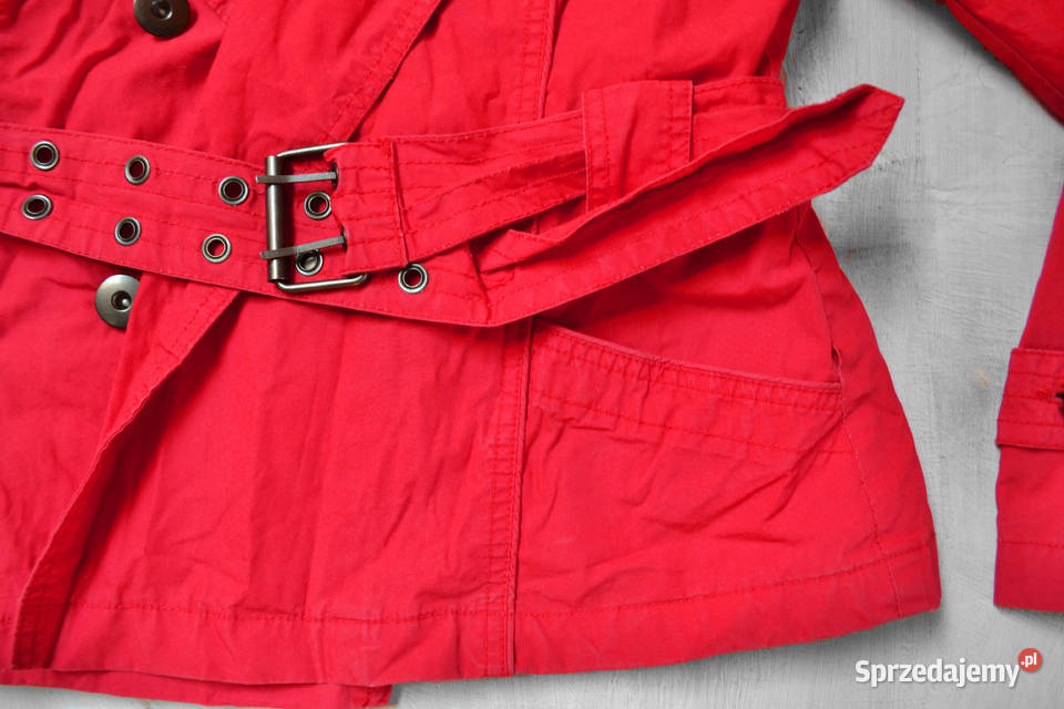krótki trencz czerwony płaszczyk z paskiem L XL Warszawa
