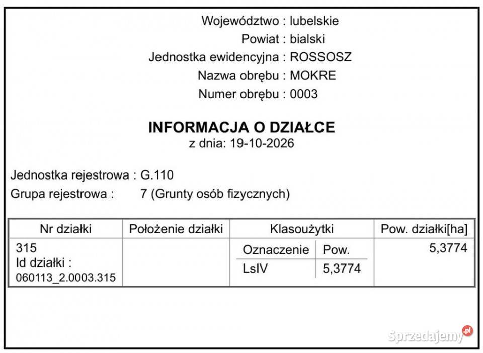 Las na sprzedaż Mokre gm Rossosz udział polna