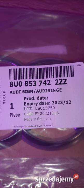 AUDI Q3 EMBLEMAT LOGO NOWE ORYGINAU 8U0853742 Rok produkcji 2023 pomorskie Luzino sprzedam