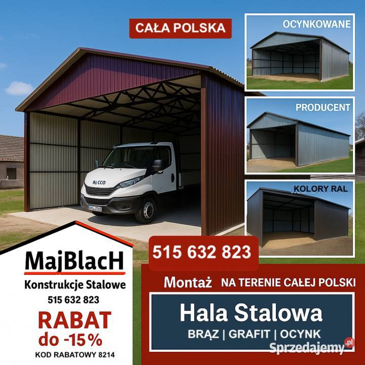 Garaż Blaszany OCYNKOWANYKonstrukcjaDuża Hala 120m2 Pleszew