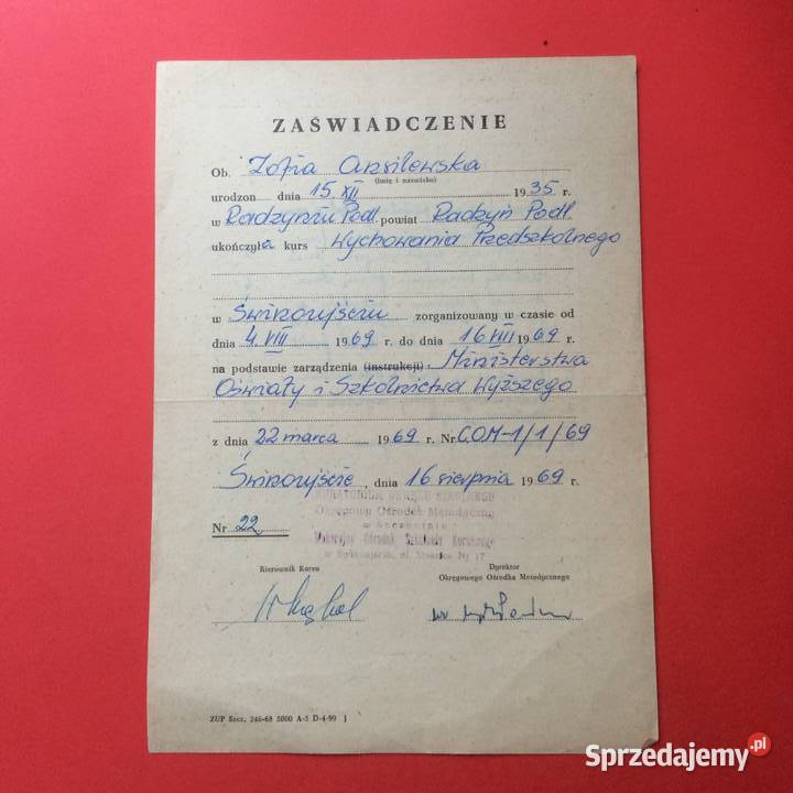 1832 Zaświadczenie Ukończenia Kursu Ansilewska Szczecin sprzedam