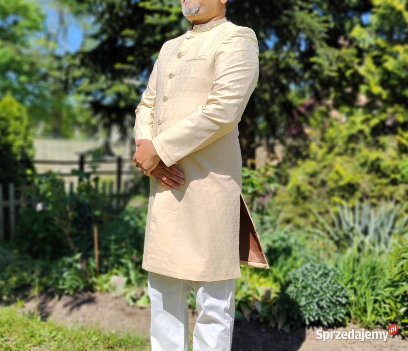 Elegancki indyjski sherwani achkan kremowy haft Rozmiar L Odzież i bielizna męska Szczecin