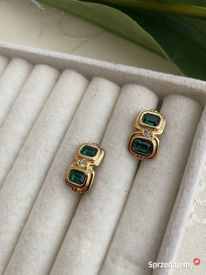 klipsy vintage imitacja szmaragdu złote Łódź