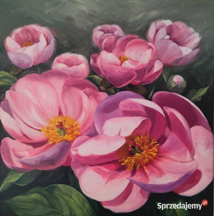 Obraz olejny piwonie kwiaty Antyki, Sztuka, Kolekcje podkarpackie Łęki Strzyżowskie