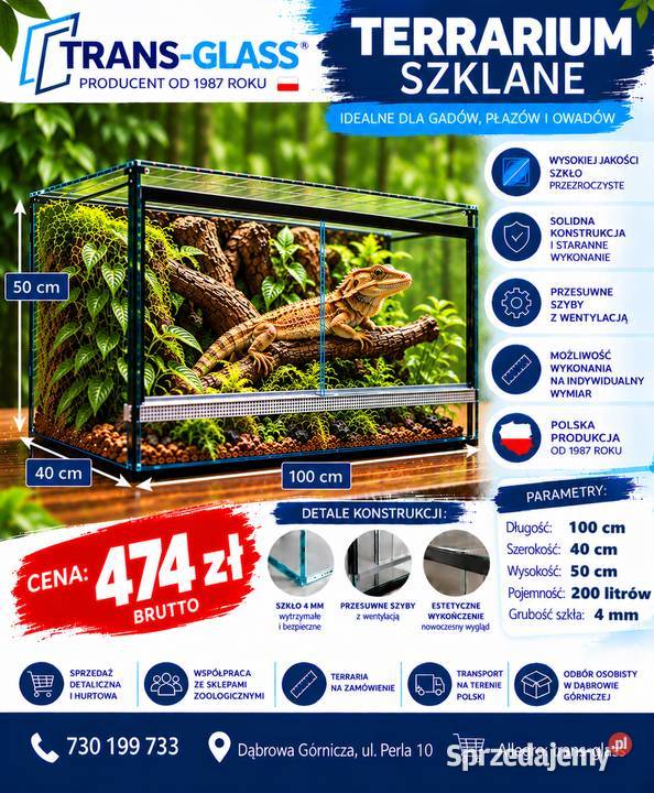 Terrarium szklane 100x40x50 szkło 4 mm producent Dąbrowa Górnicza
