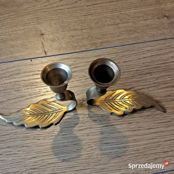 Zestaw 2 mosiężnych świeczników vintage liść Domaszczyn