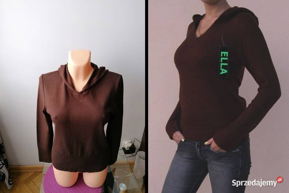 NOWY DAMSKI BRĄZOWY SWETER Z KAPTUREM ELLA R LXL Łódź