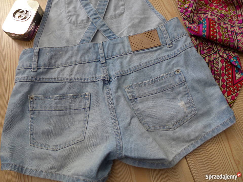 VINTAGE jeansowe krótkie spodenki szelki mazowieckie