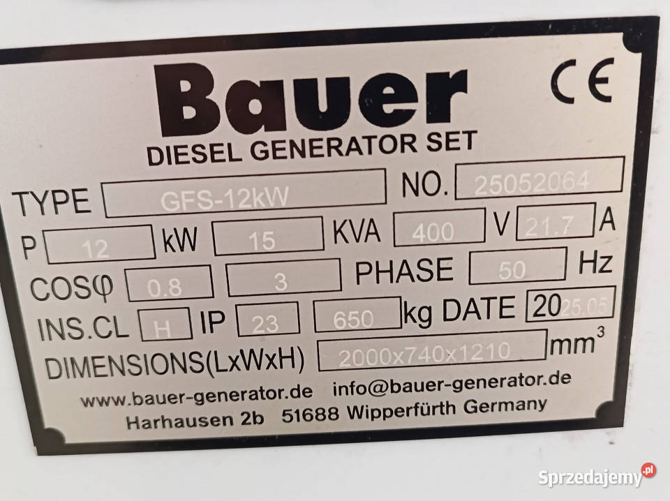 Agregat prądotwórczy BAUER GFS12 kW 15 kVA AVR sprzedam