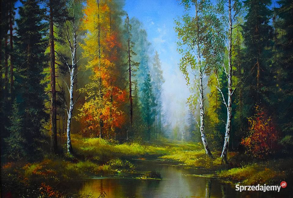 Pejzaż leśny mała reprodukcja w drewnianej ramie Chełmno