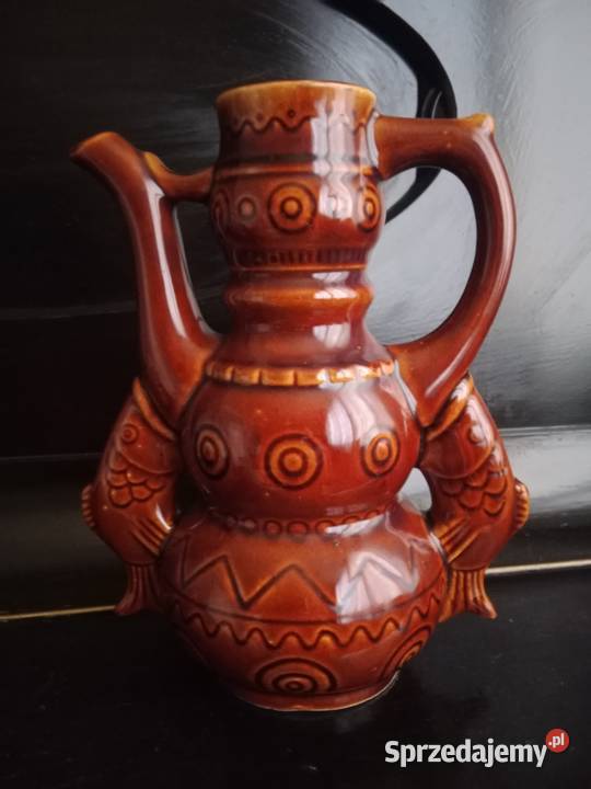 Piękny Zestaw Ceramiczny Ryby Karafka 6 kubków brązowy
