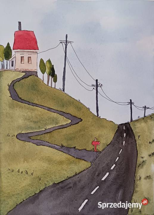 Akwarela Droga 1 Oryginalna Sztuka Oprawiona Warszawa sprzedam