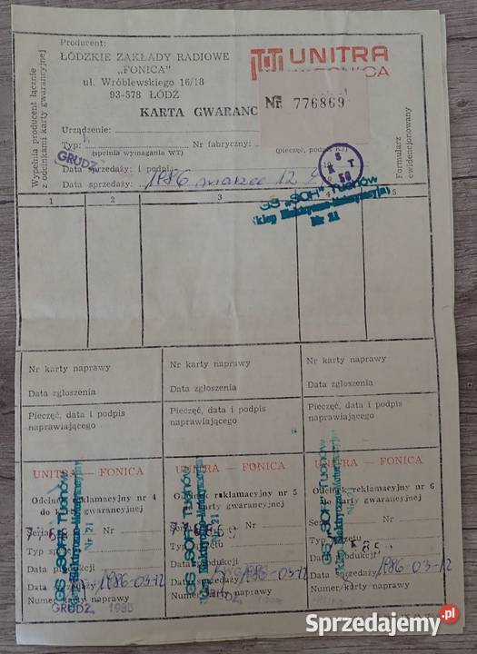 Karta Gwarancyjna UNITRA małopolskie Tarnów sprzedam