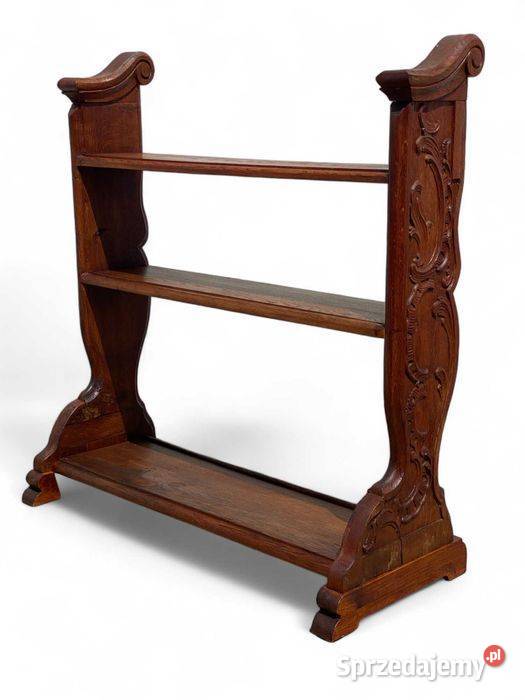 Stary rzeźbiony regał dębowy stojący 3 poziomy Gryfice