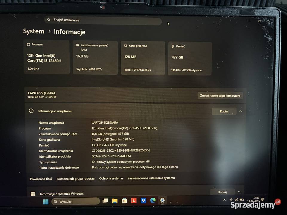 Laptop lenovo ideapad slim 3 Nowa Sól