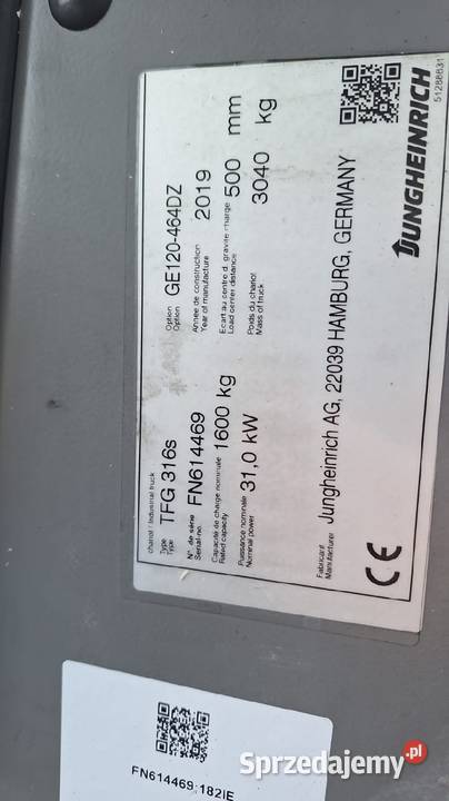 Jungheinrich TFG 316 z 2019r UDT Triplex przesuw Irządze sprzedam