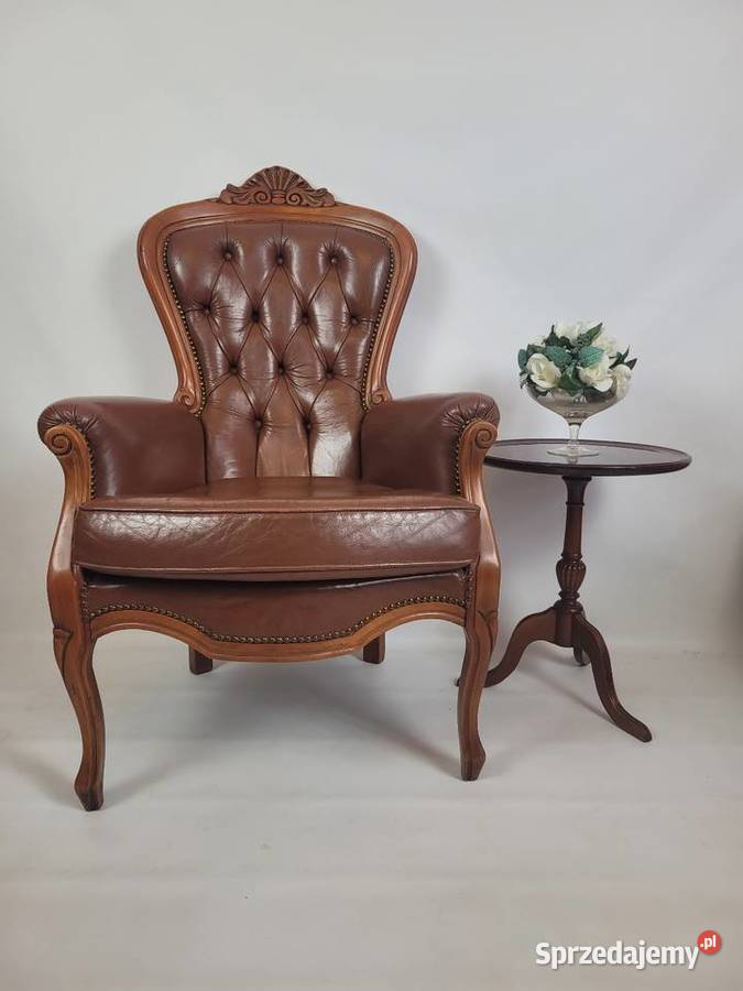 Fotel skórzany w stylu Ludwika 116cm Białogard