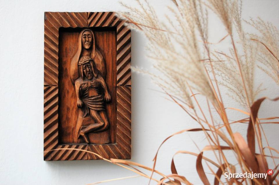 Pieta płaskorzeźba ludowa drewno polskie Lublin