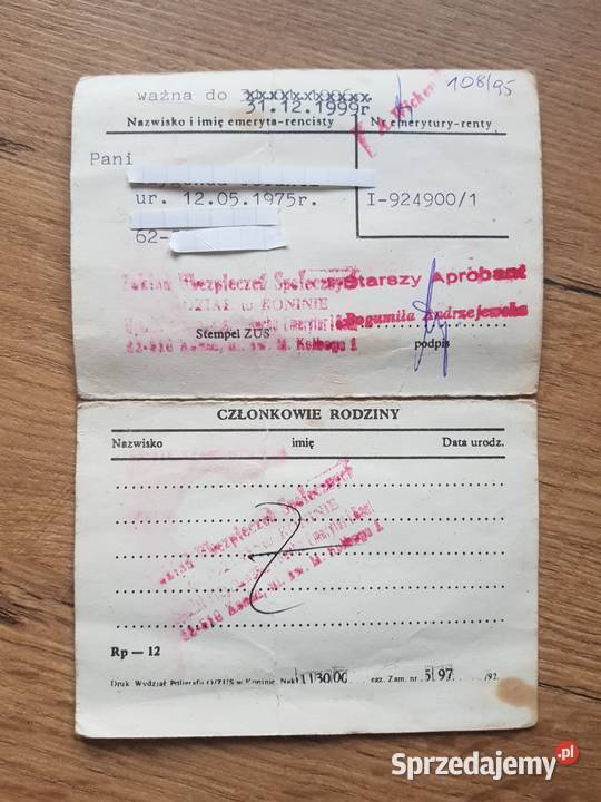 Legitymacja EmerytaRencisty 1995 r Pozostałe Golina