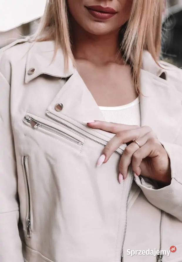 Krótka Ramoneska Z Imitacji Skóry Justice Ecru Bez wzoru łódzkie Nowy Kawęczyn