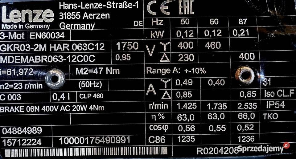 motoreduktor przekładnia 012kW 23obr HAMULEC Pigża