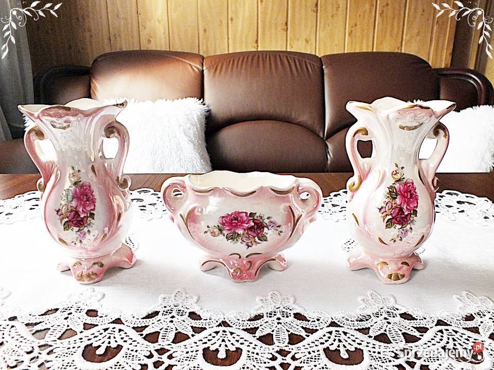 Stary porcelanowy komplet różowy kwiaty Śliczny Porcelana i szkło Żary
