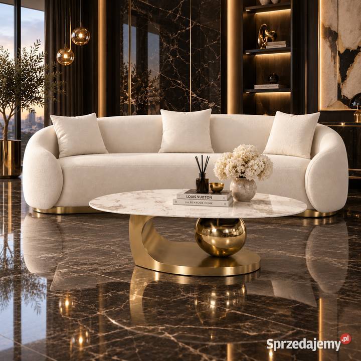 Sofa glamour welurowa biała 220 ze złotą