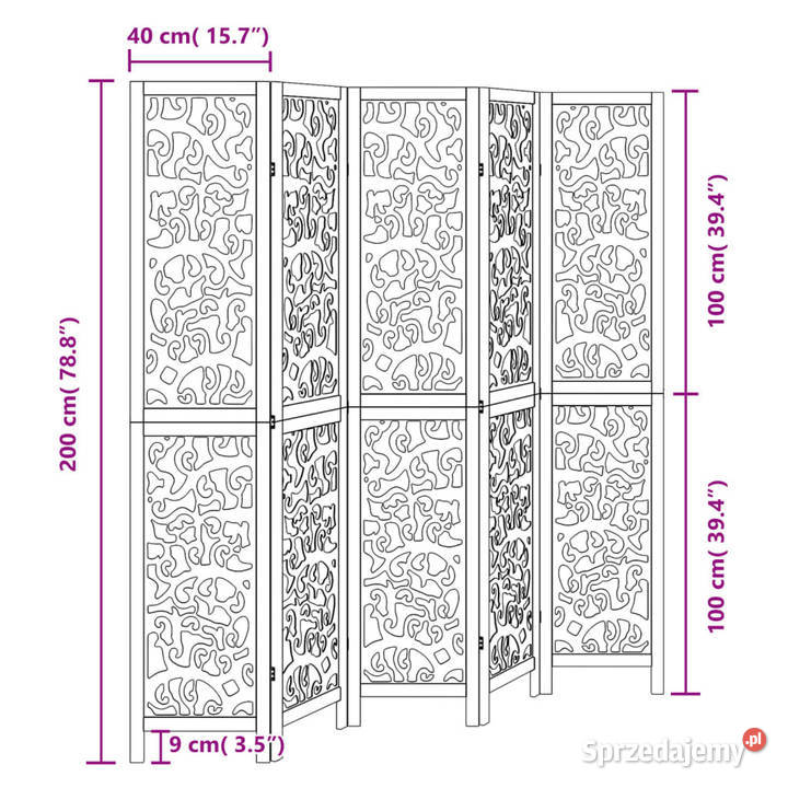 Parawan pokojowy 5panelowy czarny lite drewno