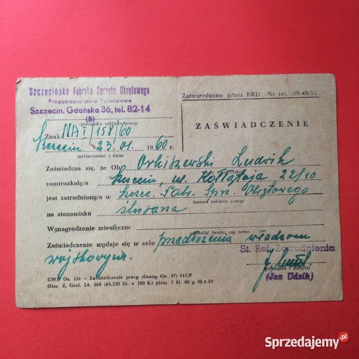 1718 Zaświadczenia Z Miejsc Pracy Orkiszewski Antykwariat zachodniopomorskie Szczecin