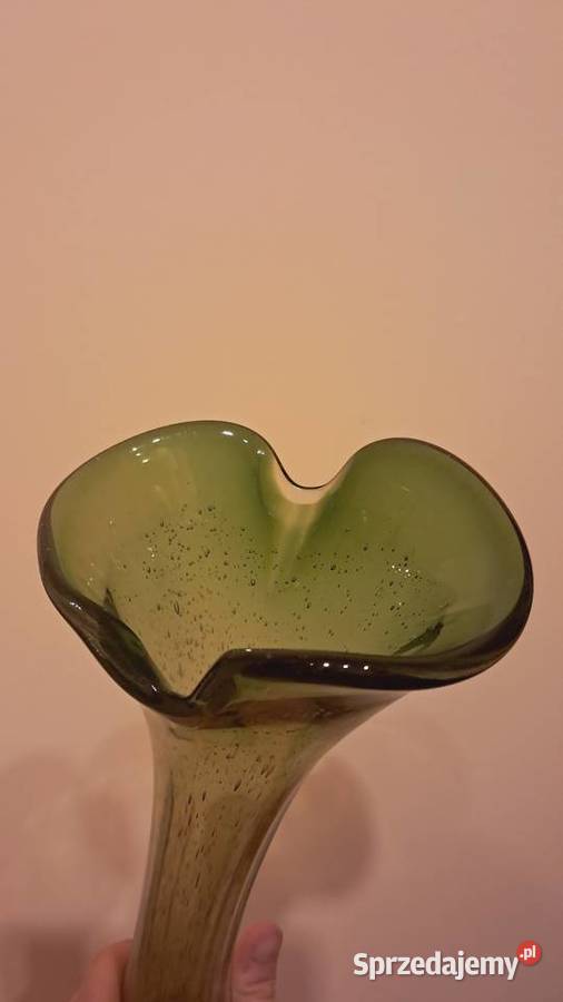 Zielony Wysoki Polski Wazon PRL Vintage Szkło