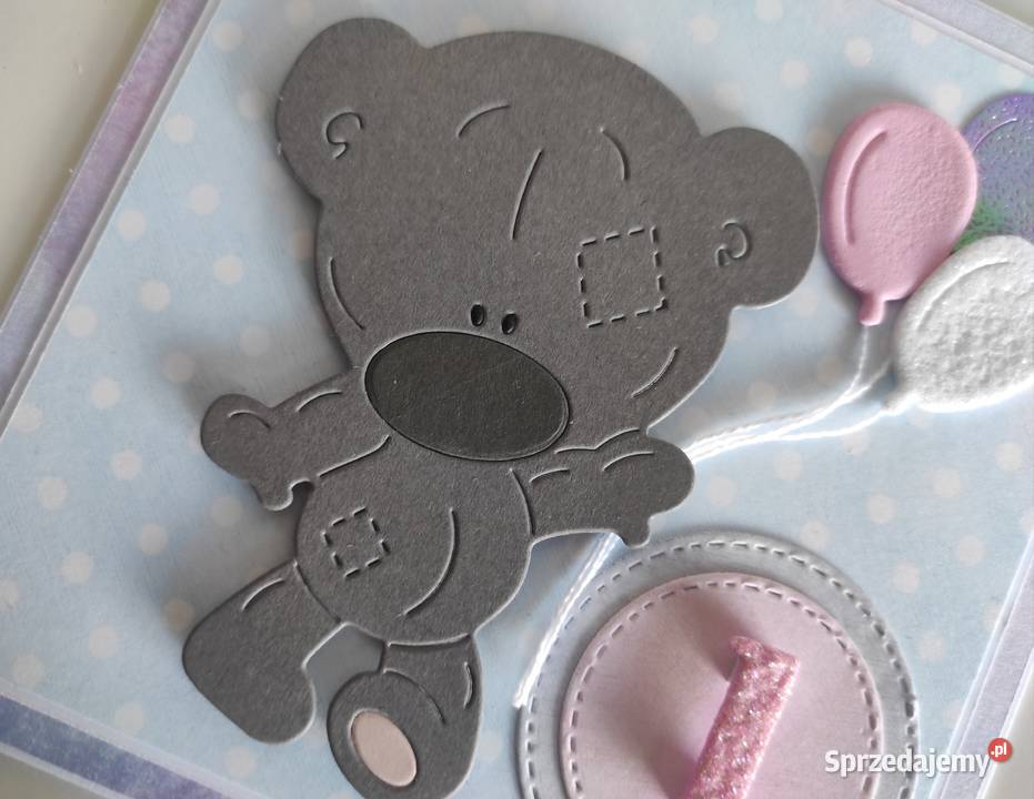 Kartka ręcznie robiona na urodziny roczek miś z