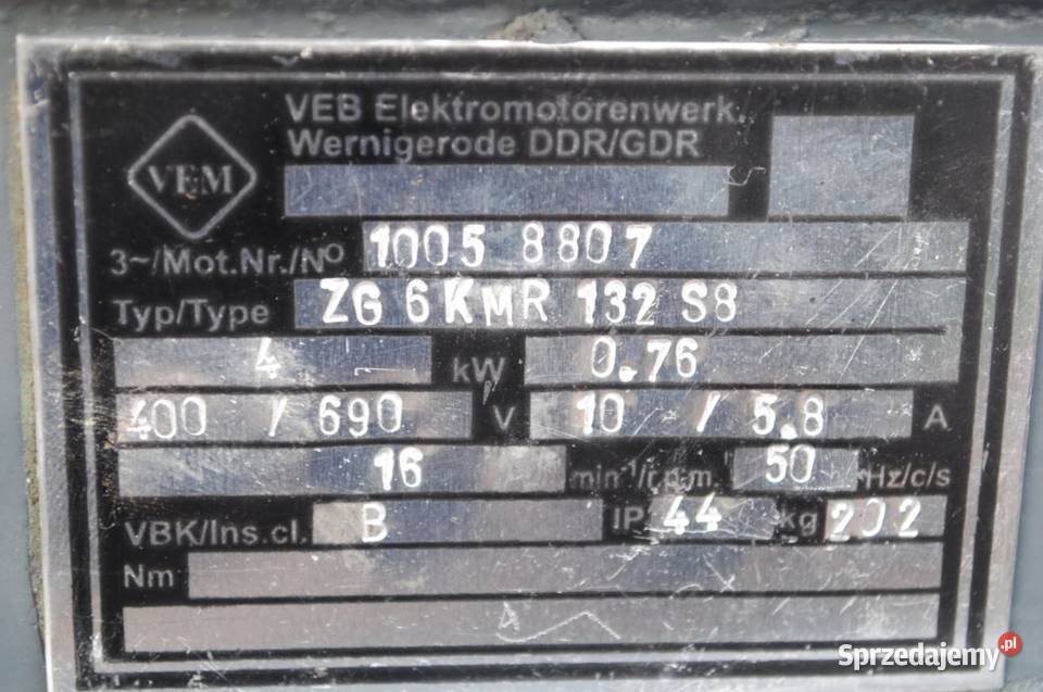 Motoreduktor 4kw 16obrmin faktura Vat VEM sprzedam