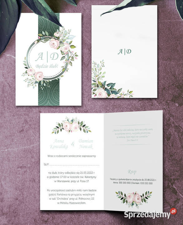 Kwiatowe zaproszenia ślubne butelkowa zieleń Siedlce