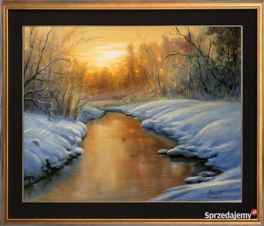 Zima Zachód Słońcaręcznie malowany obraz olejnyL