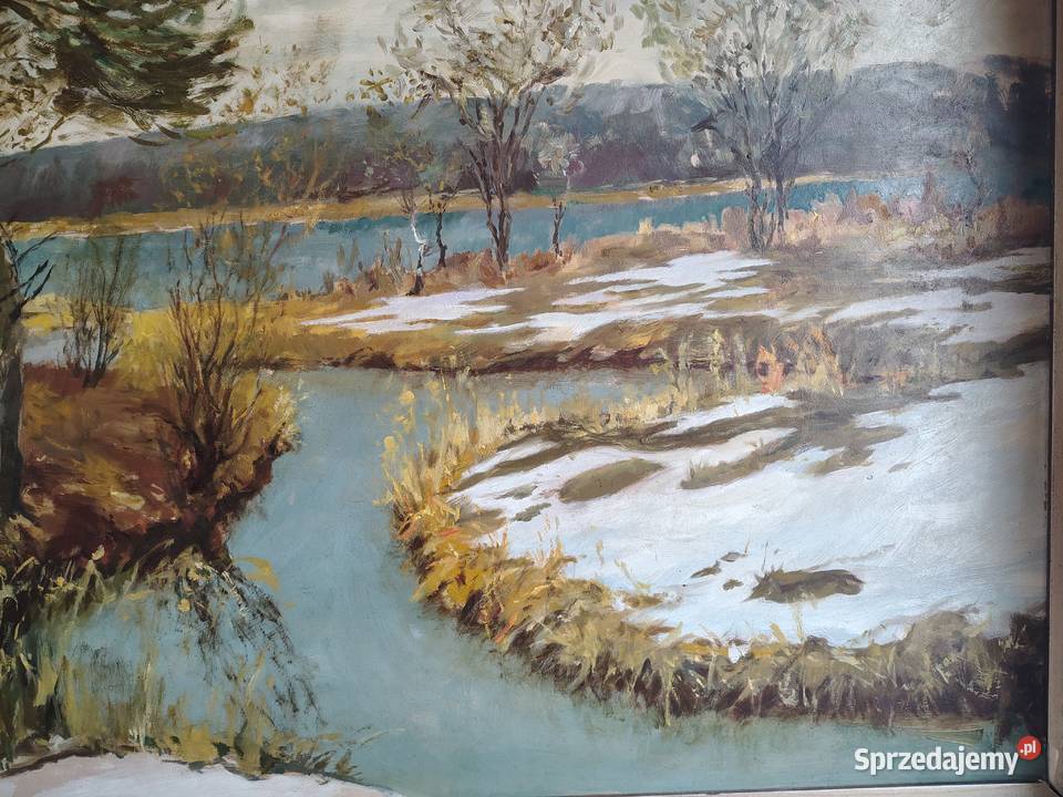 Stary obraz olejny Zimowe roztopy Kartuzy