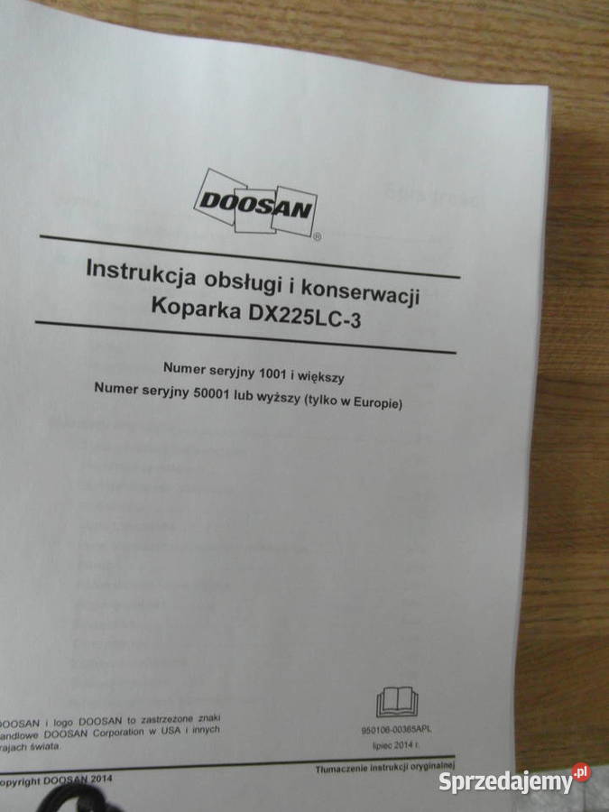 dtr instrukcja obsługi koparka doosan DX225lc3 i Rok wydania 2008 sprzedam