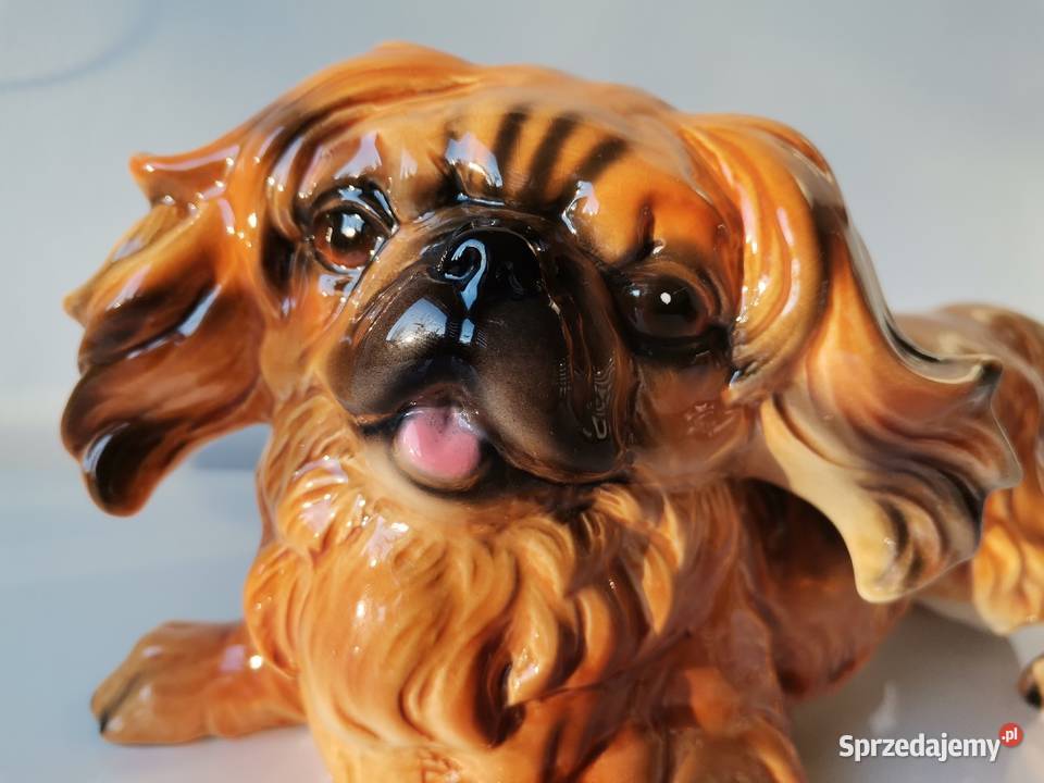 Stara duża figurka porcelanowa Pies Pekińczyk Katowice