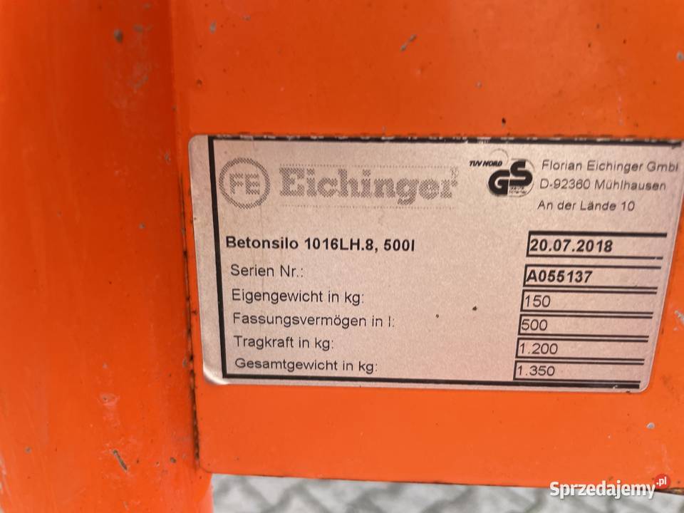 Zbiornik kubeł lej do betonu Eichinger 500L na nie